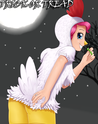 Size: 1340x1692 | Tagged: safe, artist:focusb, pinkie pie, human, g4, animal costume, chicken suit, clothes, costume, female, halloween, halloween costume, holiday, humanized, looking at you, night, smiling, solo