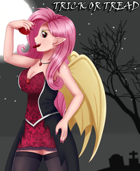 Size: 1633x2000 | Tagged: safe, artist:focusb, fluttershy, human, g4, breasts, busty fluttershy, clothes, costume, female, flutterbat, halloween, halloween costume, holiday, humanized, looking at you, night, race swap, smiling, solo