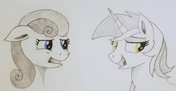 Size: 1241x644 | Tagged: safe, artist:polar_storm, bon bon, lyra heartstrings, sweetie drops, earth pony, pony, unicorn, g4, concerned, duo, duo female, female, mare, mischievous, sketch, traditional art