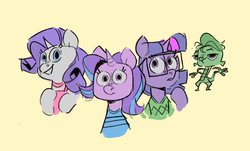 Size: 2048x1234 | Tagged: safe, artist:kyssimmee, rarity, spike, starlight glimmer, twilight sparkle, pony, unicorn, g4, clothes, glasses, the good place