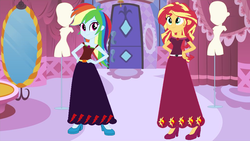 Size: 1010x570 | Tagged: safe, artist:starman1999, rainbow dash, sunset shimmer, equestria girls, g4, base used, clothes, long skirt, skirt