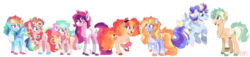 Size: 1280x294 | Tagged: safe, artist:wanderingpegasus, pinkie pie, rainbow dash, oc, oc:candy floss, oc:lavender parley, oc:pop rocks, oc:shark bait, oc:sunny side up, oc:thunder skies, pony, alternate design, alternate hairstyle, colored wings, cute, family, female, half-siblings, lesbian, line-up, magical lesbian spawn, multicolored wings, offspring, parent:pinkie pie, parent:rainbow dash, parent:soarin', parents:pinkiedash, parents:soarindash, pinkiedash, rainbow wings, shipping, wings