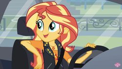 Size: 1200x675 | Tagged: safe, screencap, sunset shimmer, driving miss shimmer, equestria girls, equestria girls series, g4, car, female, solo, watermark