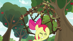 Size: 1280x720 | Tagged: safe, screencap, apple bloom, earth pony, pony, g4, going to seed, apple, apple tree, cage, female, solo, trap (device), tree