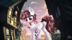Size: 3200x1800 | Tagged: safe, artist:muggod, fluttershy, pinkie pie, rarity, oc, oc:evening skies, earth pony, pegasus, pony, unicorn, g4, backwards cutie mark, butt, cloud, colored pupils, cute, easter egg (media), female, floppy ears, giant pony, giantess, group, house, jewelry, looking at each other, macro, mare, mouth hold, multicolored hair, necklace, open mouth, outdoors, playing, plot, ponyville, raised hoof, sitting, sky, smiling, tail, tail pull, tail wrap, underhoof