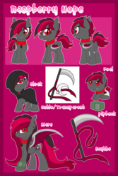 Size: 1600x2400 | Tagged: safe, artist:crystal-tranquility, oc, oc only, oc:raspberry hope, bat pony, pony, baby, baby pony, cloak, clothes, female, filly, mare, pipbuck, reference sheet, scythe, simple background, solo, transparent background