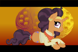 Size: 3000x2016 | Tagged: safe, artist:sjart117, saffron masala, elephant, pony, unicorn, g4, clothes, female, gradient background, high res, looking up, mare, prone, smiling, solo