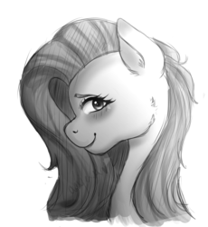 Size: 1000x1085 | Tagged: safe, artist:inkyy-kiwi, fluttershy, pony, g4, blushing, bust, female, looking at you, looking sideways, mare, monochrome, portrait, profile, simple background, smiling, solo, white background