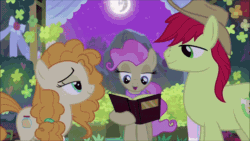 Size: 600x338 | Tagged: safe, edit, screencap, big macintosh, bright mac, mayor mare, pear butter, sugar belle, earth pony, pony, unicorn, g4, the big mac question, the perfect pear, animated, apple, apple tree, book, gif, hat, intertwined trees, mare in the moon, moon, non-dyed mayor, pear tree, pink mane, tree