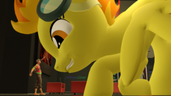 Size: 2500x1406 | Tagged: safe, artist:johnnyxluna, spitfire, pony, g4, 3d, bowing, cute, cutefire, giant pegasus, giant pony, giant/macro spitfire, goggles, grin, looking at you, looking down at you, macro, nervous, nervous smile, scout, scunt, smiling