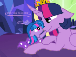 Size: 1440x1080 | Tagged: safe, artist:徐詩珮, twilight sparkle, oc, oc:sparkle rain, alicorn, pony, unicorn, g4, alternate hairstyle, base used, crown, female, filly, jewelry, magical lesbian spawn, mare, mother and daughter, next generation, offspring, parent:spring rain, parent:twilight sparkle, parents:springlight, rainbow power, regalia, twilight sparkle (alicorn)