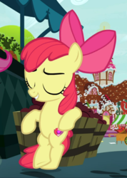 Size: 658x924 | Tagged: safe, screencap, apple bloom, earth pony, pony, g4, the big mac question, bipedal, bipedal leaning, bow, cool, cropped, crossed hooves, crossed legs, eyes closed, female, filly, hair bow, leaning, offscreen character, smiling, solo focus, sugarcube corner