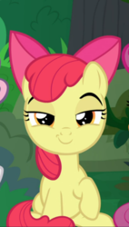 Size: 531x938 | Tagged: safe, screencap, apple bloom, earth pony, pony, g4, the big mac question, cropped, female, filly, lidded eyes, looking at you, offscreen character, raised hoof, sitting, smiling, smirk, smug, solo focus