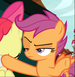 Size: 875x888 | Tagged: safe, screencap, apple bloom, scootaloo, earth pony, pegasus, pony, g4, the big mac question, cropped, eyes closed, female, filly, lidded eyes, offscreen character, raised eyebrow, solo focus, underhoof