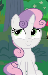 Size: 568x884 | Tagged: safe, screencap, sweetie belle, pony, unicorn, g4, the big mac question, cropped, cute, diasweetes, female, filly, offscreen character, sitting, smiling, solo focus
