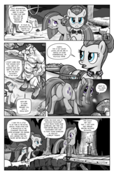 Size: 1249x1920 | Tagged: safe, artist:pencils, cloudy quartz, marble pie, earth pony, minotaur, pony, comic:anon's pie adventure, g4, angry, butt, candle, comic, cute, dialogue, dock, eyepatch, female, hair over one eye, lidded eyes, male, marblebetes, marblebutt, mare, monochrome, neo noir, open mouth, partial color, plot, scared, speech bubble, unamused