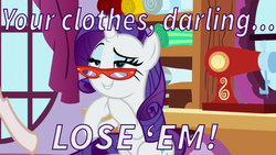 Size: 800x450 | Tagged: safe, edit, edited screencap, editor:jdmiles, screencap, rarity, pony, unicorn, she's all yak, bedroom eyes, caption, carousel boutique, darling, female, glasses, grin, hooves together, lidded eyes, mannequin, mare, raised eyebrow, rarity's glasses, sewing machine, sitting, smiling, solo, text, we don't normally wear clothes