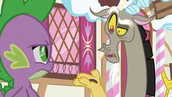 Size: 1600x900 | Tagged: safe, screencap, discord, spike, g4, the big mac question, ponyville, raised eyebrow, window