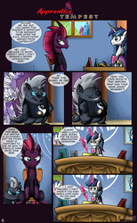 Size: 2021x3289 | Tagged: safe, artist:zsparkonequus, grubber, shining armor, tempest shadow, pony, unicorn, comic:apprentice tempest, g4, my little pony: the movie, armor, comic, crystal guard, crystal guard armor, desk, glowing horn, high res, horn, magic, quill, sitting, telekinesis, writing