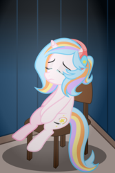 Size: 2362x3543 | Tagged: safe, artist:redfire-pony, oc, oc only, oc:oofy colorful, pony, unicorn, chair, crying, headphones, high res, sitting, solo