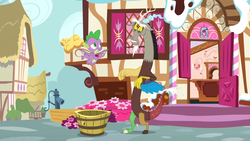 Size: 1600x900 | Tagged: safe, screencap, big macintosh, spike, dragon, g4, the big mac question, apple, bucket, faucet, flower, flying, food, garden, house, message, open door, ponyville, sugarcube corner, window, winged spike, wings