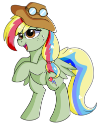 Size: 821x973 | Tagged: safe, artist:rainbowtashie, applejack, rainbow dash, oc, oc:zap-apple jam, pony, g4, commissioner:bigonionbean, cowboy hat, cute, cutie mark, female, freckles, fusion, fusion:rainbow dash, goggles, hair braid, hat, mare, ponytail, solo