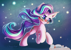 Size: 1273x900 | Tagged: safe, artist:chaosangeldesu, starlight glimmer, pony, unicorn, g4, abstract background, blushing, female, mare, patreon, patreon logo, running, smiling, solo