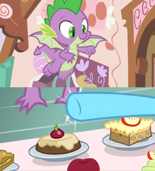 Size: 1600x1764 | Tagged: safe, edit, edited screencap, screencap, cup cake, spike, dragon, pony, g4, the big mac question, apple, cake, claws, comic, cupcake, dessert, flying, food, fritter, hooves, kitchen, pointing, screencap comic, sin of greed, swatting, winged spike, wings
