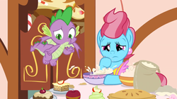Size: 1600x900 | Tagged: safe, screencap, cup cake, spike, dragon, earth pony, pony, g4, the big mac question, apple, bowl, cake, counting, cupcake, flour, flying, food, kitchen, mixing, mixing bowl, pie, winged spike, wings