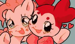 Size: 1164x686 | Tagged: safe, artist:cupidcry, pinkie pie, earth pony, gem (race), pony, g4, spoiler:steven universe: the movie, beanbrows, crossover, cute, default spinel, diapinkes, duo, duo female, eyebrows, female, looking at you, mare, pink, smiling, spinel (steven universe), spoilers for another series, steven universe, steven universe: the movie