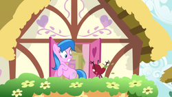 Size: 1600x900 | Tagged: safe, screencap, lemonade twirl, living apple, pony, g4, season 9, the big mac question, background pony, bipedal, female, flower, garden, house, jumpscare, mare, ponyville, scared, solo