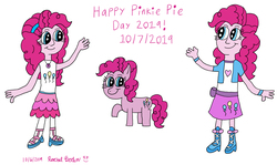Size: 3000x1792 | Tagged: safe, artist:royalsmurf, artist:smurfettyblue, pinkie pie, earth pony, human, pony, equestria girls, g4, my little pony equestria girls: better together, human ponidox, multeity, pink text, pinkie pie day, self ponidox, simple background, too much pink energy is dangerous, white background