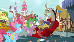 Size: 1600x900 | Tagged: safe, screencap, cup cake, discord, spike, draconequus, dragon, earth pony, pony, g4, the big mac question, book, carrot, chair, chaos, cup, drink, flower, food, fruit stand, glasses, house, ponyville, recliner, relaxing, sitting, sugarcube corner, tea, teacup, winged spike, wings