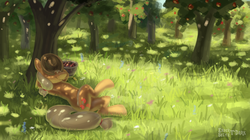 Size: 2555x1434 | Tagged: safe, artist:enderselyatdark, applejack, earth pony, pony, g4, apple, apple orchard, apple tree, applejack's hat, armpits, cowboy hat, dappled sunlight, female, food, grass, hat, mare, on back, outdoors, resting, scenery, smiling, solo, straw in mouth, tree, under the tree