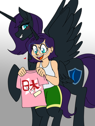 Size: 3024x4032 | Tagged: safe, artist:/d/non, artist:gameboyadvancesp, oc, oc only, oc:mal, oc:nyx, alicorn, pony, satyr, arm freckles, blushing, clothes, duo, female, freckles, gradient background, happy, heart, japanese, mother and daughter, offspring, parent:oc:nyx, shirt, shorts
