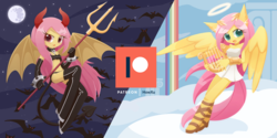 Size: 2160x1080 | Tagged: safe, artist:howxu, fluttershy, angel, devil, anthro, g4, advertisement, bat wings, choker, clothes, costume, cute, devil horns, diptych, duality, full moon, halloween, holiday, horn, moon, night, patreon, patreon logo, pitchfork, shyabetes, wings