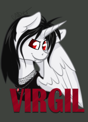 Size: 605x832 | Tagged: safe, artist:cadetredshirt, oc, oc only, oc:virgil, alicorn, pony, vampire, vampony, alicorn oc, badge, commission, fangs, horn, jewelry, long mane male, looking at you, male, necklace, ring, solo, wings