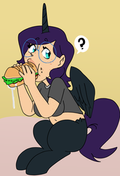 Size: 2393x3495 | Tagged: safe, artist:/d/non, artist:gameboyadvancesp, oc, oc only, oc:mal, satyr, arm freckles, breasts, clothes, eating, female, food, freckles, glasses, high res, parent:oc:nyx, sandwich, shirt, simple background, solo, submarine sandwich, suggestive eating