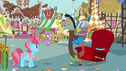 Size: 1600x900 | Tagged: safe, screencap, cup cake, discord, spike, dragon, g4, the big mac question, apple, banana, book, carrot, chair, crossed arms, flower, food, food stand, fruit stand, house, pie, recliner, sugarcube corner, unamused, winged spike, wings