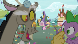 Size: 1600x896 | Tagged: safe, screencap, discord, spike, sugar belle, dragon, g4, season 9, the big mac question, apple, barrel, boop, building, cabbage, confused, flower, food, mess, non-consensual booping, noseboop, ponyville, rose, tent, winged spike, wings