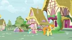 Size: 1920x1080 | Tagged: safe, screencap, carrot top, golden harvest, lily, lily valley, meadow song, mint flower, royal riff, earth pony, pony, g4, the big mac question, 5-year-old, background pony, female, filly, foal, male, mare, ponyville, stallion