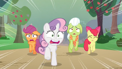 Size: 1600x900 | Tagged: safe, screencap, apple bloom, granny smith, scootaloo, sweetie belle, earth pony, pony, g4, the big mac question, apple, apple tree, cutie mark crusaders, frightened, orchard, panic, running, tree