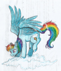 Size: 1091x1266 | Tagged: safe, artist:69beas, rainbow dash, pegasus, pony, g4, cloud, female, funny face, mare, rainbow hair, raised leg, simple background, solo, spread wings, traditional art, white background, wings