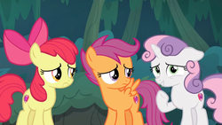 Size: 1600x900 | Tagged: safe, screencap, apple bloom, scootaloo, sweetie belle, earth pony, pony, g4, the big mac question, cutie mark crusaders, frown, nervous smile