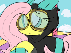 Size: 800x600 | Tagged: safe, artist:squidwafiu, fluttershy, pegasus, pony, g4, bunny ears, clothes, costume, cute, dangerous mission outfit, female, goggles, hoodie, hot air balloon, shyabetes, solo