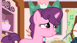 Size: 1600x900 | Tagged: safe, screencap, sugar belle, pony, g4, the big mac question, admiration, blueberry, bowl, curtains, female, food, kitchen, shelf, solo