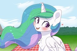 Size: 4096x2730 | Tagged: safe, artist:ev04ka, artist:ev04kaa, princess celestia, alicorn, pony, rcf community, g4, aside glance, blushing, chest fluff, cute, cutelestia, female, folded wings, heart, high res, looking at you, mare, open mouth, open smile, outdoors, picnic, picnic blanket, smiling, solo, wings