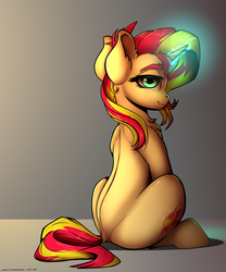 Size: 2500x3000 | Tagged: safe, artist:hitbass, artist:skitsroom, sunset shimmer, pony, unicorn, g4, chest fluff, collaboration, dock, female, glowing horn, high res, horn, lidded eyes, looking at you, looking back, looking back at you, magic, mare, sitting, solo