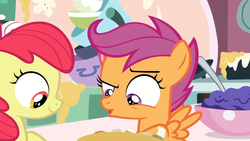 Size: 1600x900 | Tagged: safe, screencap, apple bloom, scootaloo, earth pony, pony, g4, the big mac question, bowl, kitchen, raised eyebrow, spoon