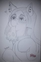 Size: 2046x3100 | Tagged: safe, artist:chango-tan, oc, oc only, earth pony, pony, ear piercing, earth pony oc, eating, female, food, glasses, high res, lineart, mare, meat, monochrome, mouth hold, pepperoni, pepperoni pizza, piercing, pizza, sketch, solo, traditional art